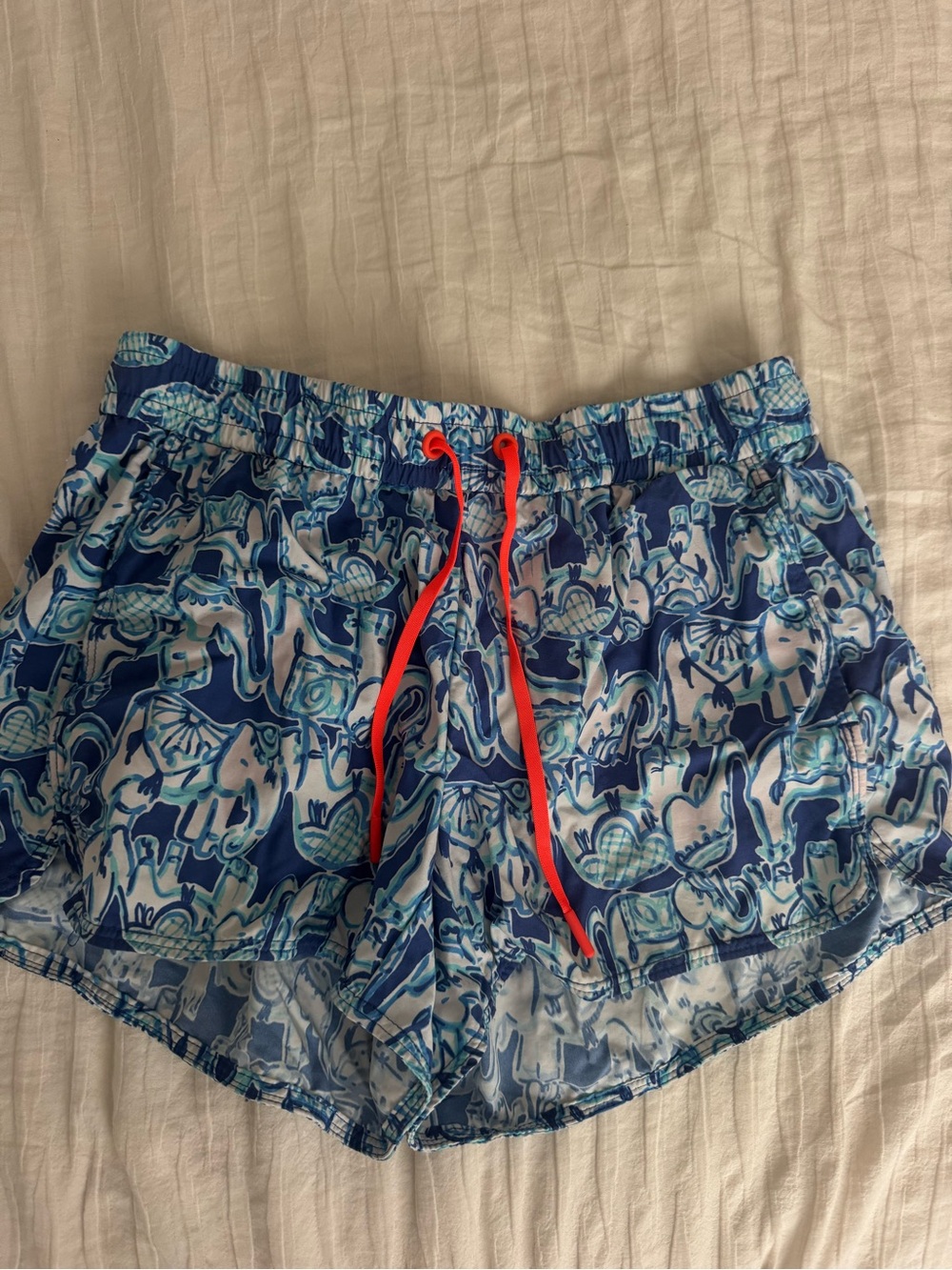 Lilly Pulitzer Blue Elephant Print Athletic Shorts with Coral Drawstring